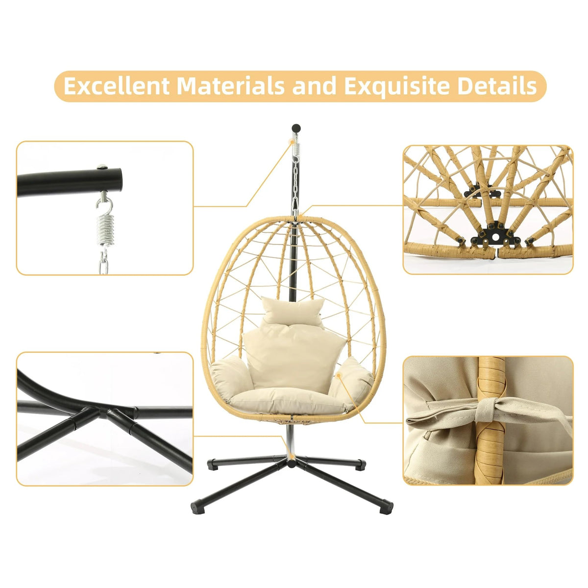 LEX CRAFT Egg Chair with Stand, Swing Chair Hanging Chair Nest Basket, UV Resistant Removable & Washable Cushions,350LBS Capacity for Bedroom, Balcony, Garden（YE-BE