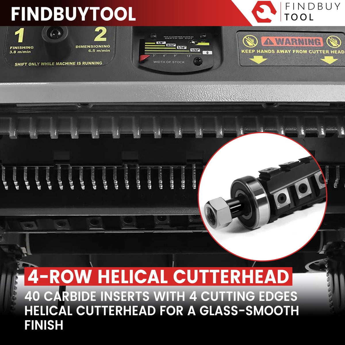 FINDBUYTOOL 13-Inch Thickness Planer with Helical Cutterhead - 2.5HP Motor, 2-Speed (21/12 FPM), 40 Carbide Inserts, Precision Depth Adjustment, Dust Port, LED Light- Professional Woodworking Tool
