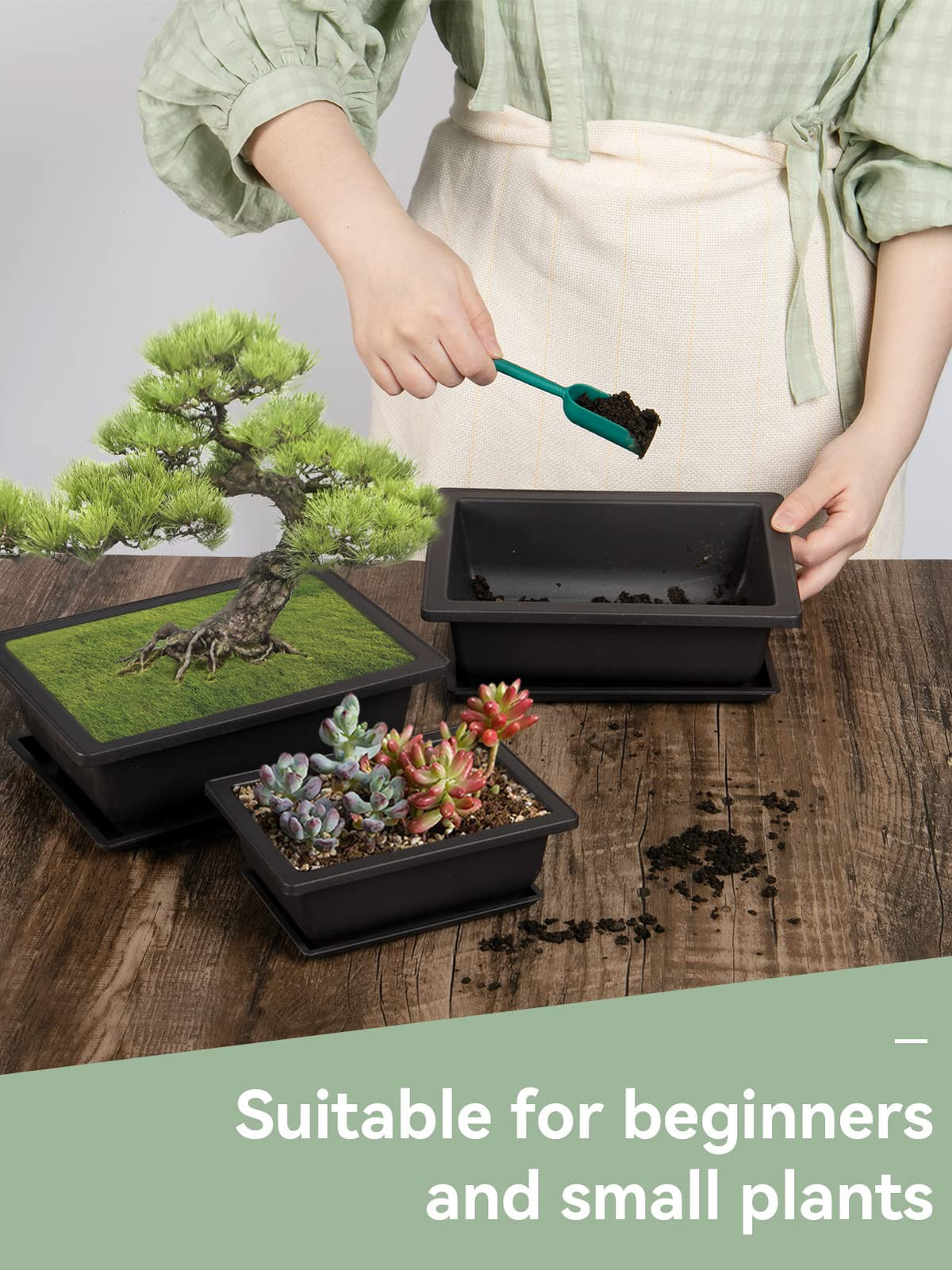 PAMASE 8 Packs Bonsai Training Pot with Humidity Tray - 6.5in & 9in Training Nursery Pots Kit, Plastic Plants Growing Planter with Drainage Tray, Indoor Succulents Decor Garden