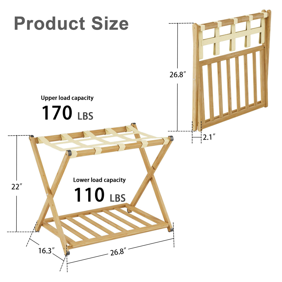 SANLUCE Fully Assembled Luggage Rack Set of 2 for Guest Room, Bamboo Suitcase Stand with Foldable Storage Shelf, Crossed Nylon Straps Folding Luggage Holder for Bedroom and Hotel, Natural