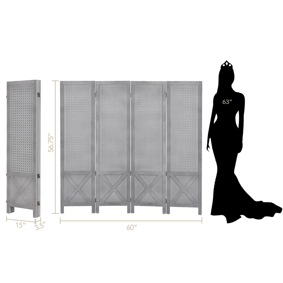 Wnutrees 4 Panel Pegboard Display, 5 Ft Wood Folding Privacy Screens Room Divider, Portable Freestanding Display Board for Craft/Art Shows, Retail, Events, Wall Organizer, Rustic Barnwood, Grey