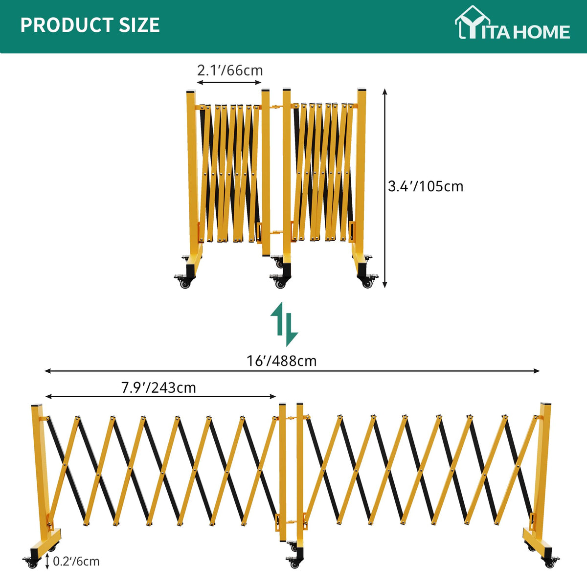 YITAHOME Metal Expandable Barricade Gate, 16FT Folding Security Gate, Expandable Mobile Barricade, 360 Folding Safety Barricade with Wheels