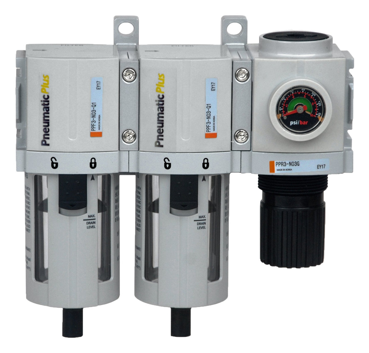 PneumaticPlus PPC3C-N02G Compressed Air Drying System- Particulate Air Filter, Coalescing Filter & Air Pressure Regulator Combo 1/4" NPT (High Flow), Poly Bowl with Guard, Manual Drain