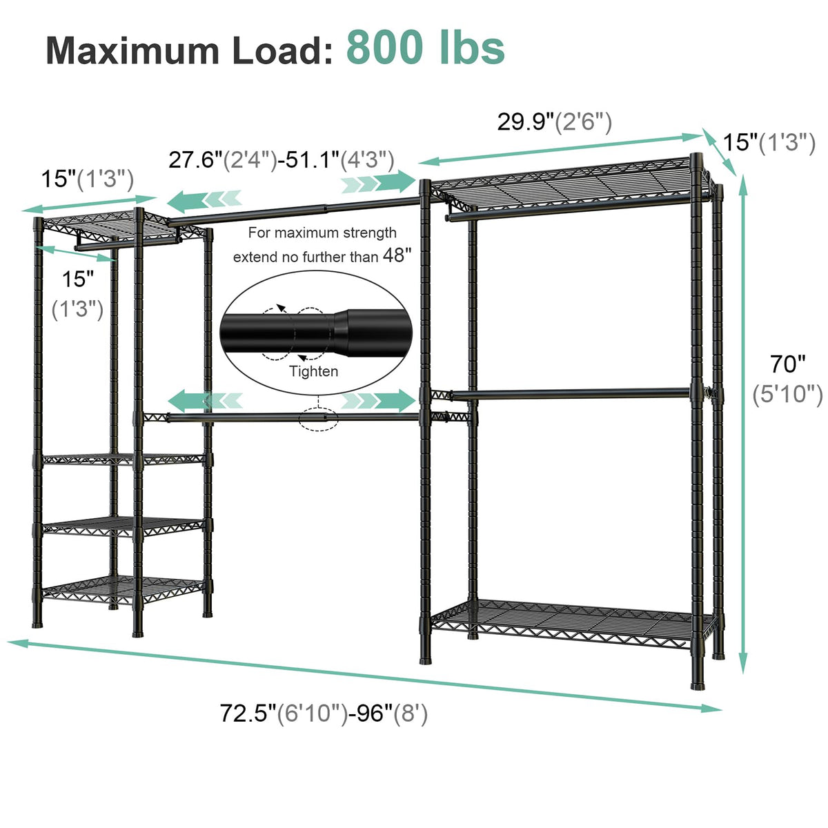 SEMHOR E01 Expandable Heavy Duty Clothes Rack, Free Standing Closet System Organizer, Adjustable Portable Carbon Steel Garment & Clothing Racks for Hanging Clothes (72.5-96"), 800LBS Max Load, Black