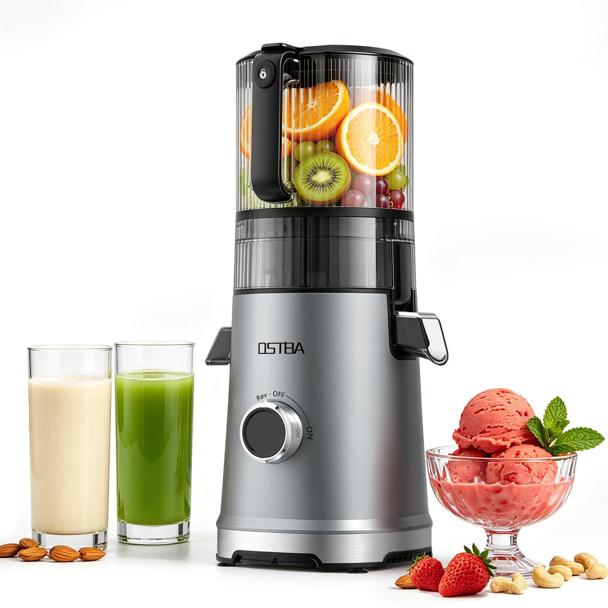 3-in-1 Cold Press Juicer, OSTBA 600W Slow Masticating Juicer with 6" Extra Large Feed Chute for Whole Fruits & Vegetables, Juicer, Nut Milk Maker & Sorbet Machine, Easy to Clean