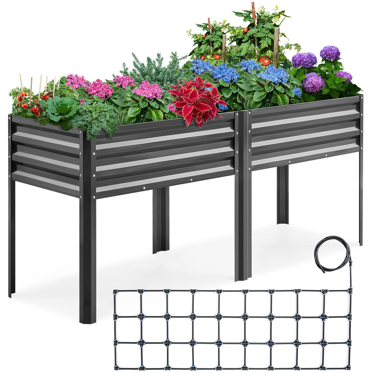 KING BIRD Raised Garden Bed with Irrigation System and Legs Galvanized Elevated Planter Box for Backyard, Patio, Balcony, 600lb Capacity, Dark Grey, 70.9x22.8x31.5 in