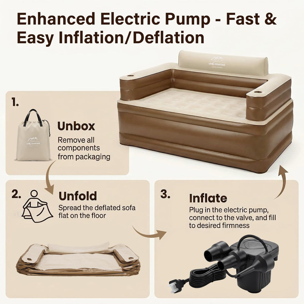 LANMOUNTAIN Inflatable Couch Set with Cup Holders & Pump, Velvety Air Sofa (1 Loveseat 60"x32"x34" & 2 Chairs 41"x32"x34") for Camping & Home