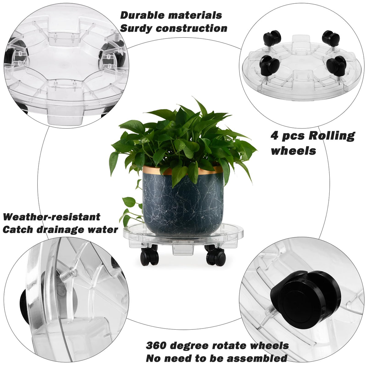 KvyusFlourish 4 Packs 18 inches Extra-large Clear Plant Caddy Plant Saucers on Wheels Rolling Plant Stands Heavy-duty Plant Dolly Plastic Planter Roller Base Pot Movers Outdoor Plant Tray Coaster