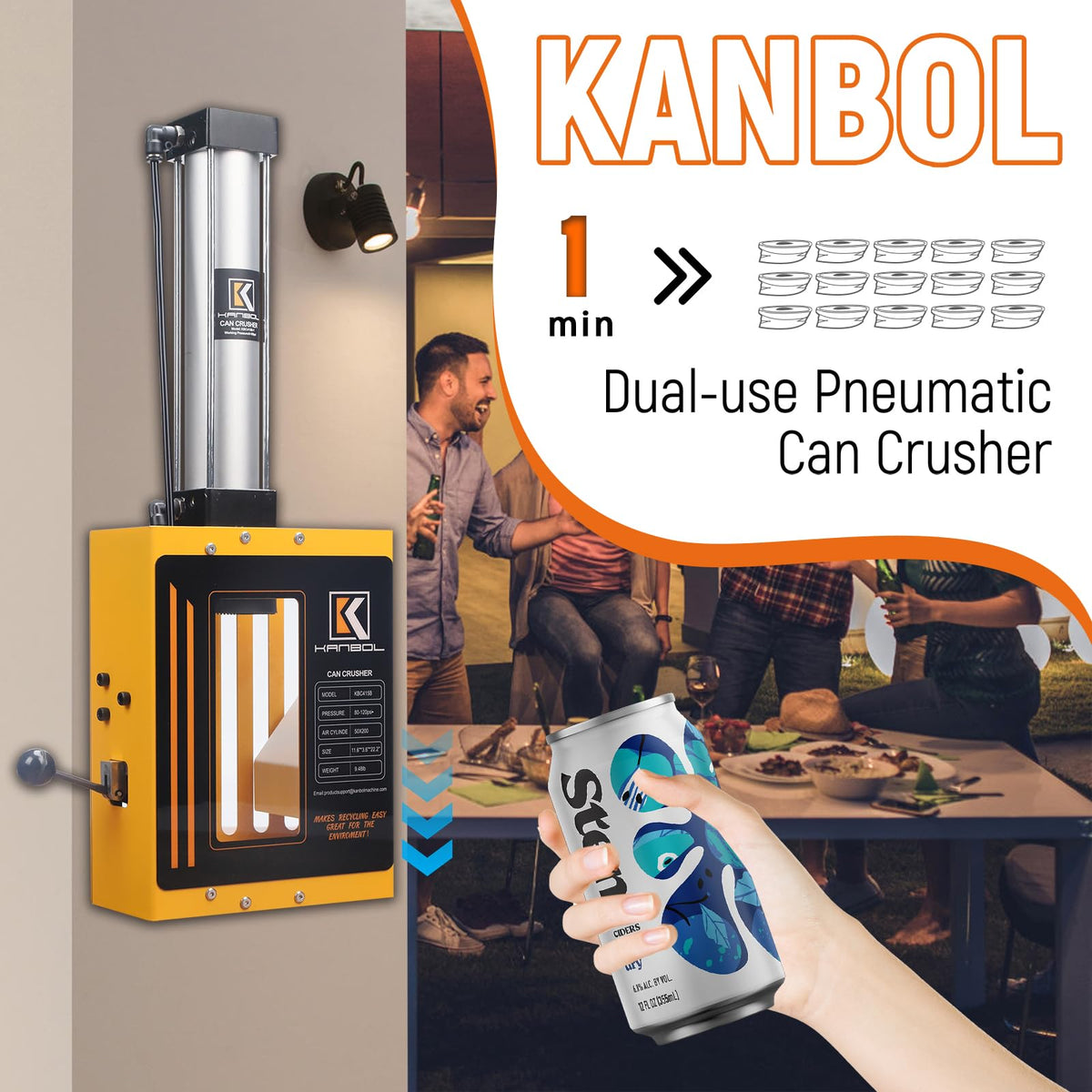 KANBOL Yellow Air-Powered Can Crusher – Fully Enclosed Design for Safe 12oz/16oz Aluminum Can Crushing – Wall Mount Recycling Tool