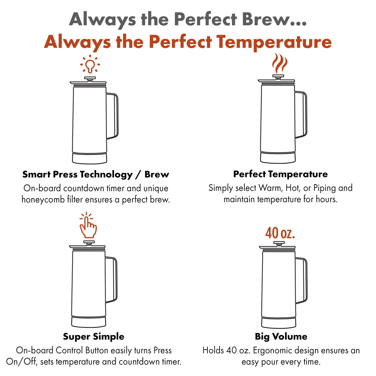 Nextmug Press - Temperature-Controlled, Self-Heating French Press (White - 40 oz.)