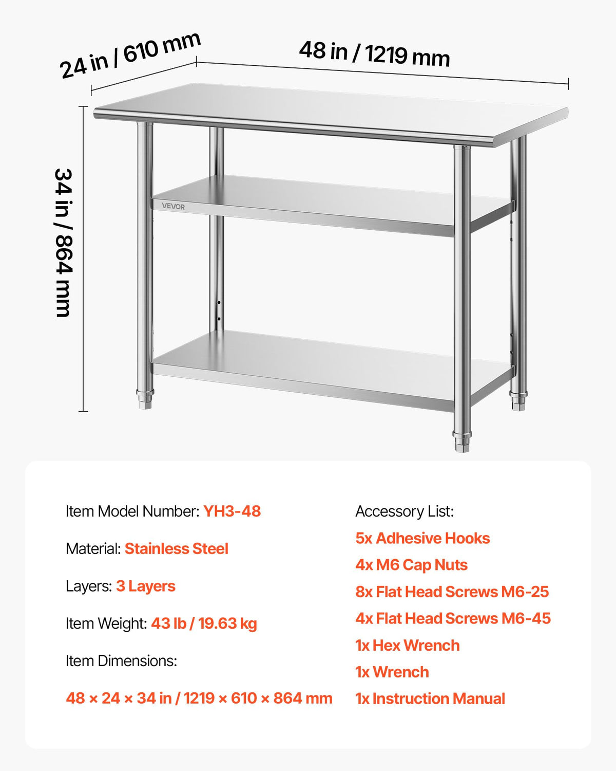 VEVOR Stainless Steel Work Table, 24x48 Inch Food Prep Table with 2 Shelves, Commercial Kitchen Workstation, Metal Heavy Duty Utility Worktable, for Restaurant Home Hotel Garage Outdoor