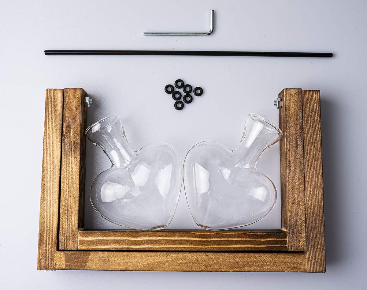 Kingbuy Glass Desktop Planter with Retro Wooden Stand and Plant Terrarium Vase (2 Hearts) for Indoor Home Office Desk Decor Accessories