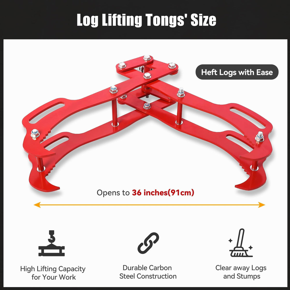 GarveeHome 36 in Logging Tongs with 4 Claws, Log Grapple Hook for Timber and Firewood, 360 Degree Swivel, Heavy Steel Log Grabber for Tractor, Skidder, Material Handling, 3000 LB Capacity, Red