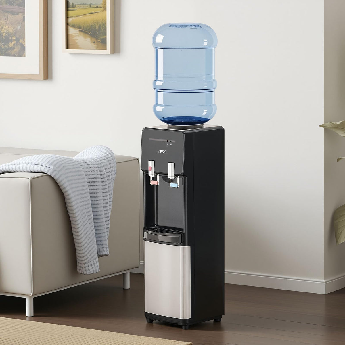 VEVOR Top Loading Water Cooler Dispenser, Hot and Cold Water Dispenser for 3 or 5 Gallons Bottles, Sturdy Stainless Steel and Child Security Lock, Ideal for Homes, Kitchens, Offices, Dorms, Black