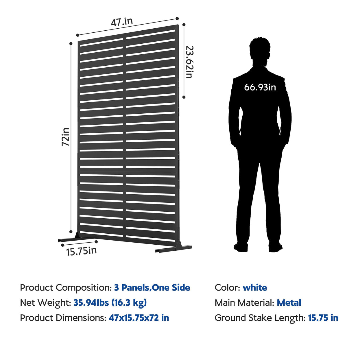 Garvee 72" H x 47" W Outdoor Metal Privacy Screen, 6FT Decorative Privacy Fence Freestanding Panels with Stand, Room Dividers, Patio Metal Screen Panel for Garden Yard Balcony Deck, Black