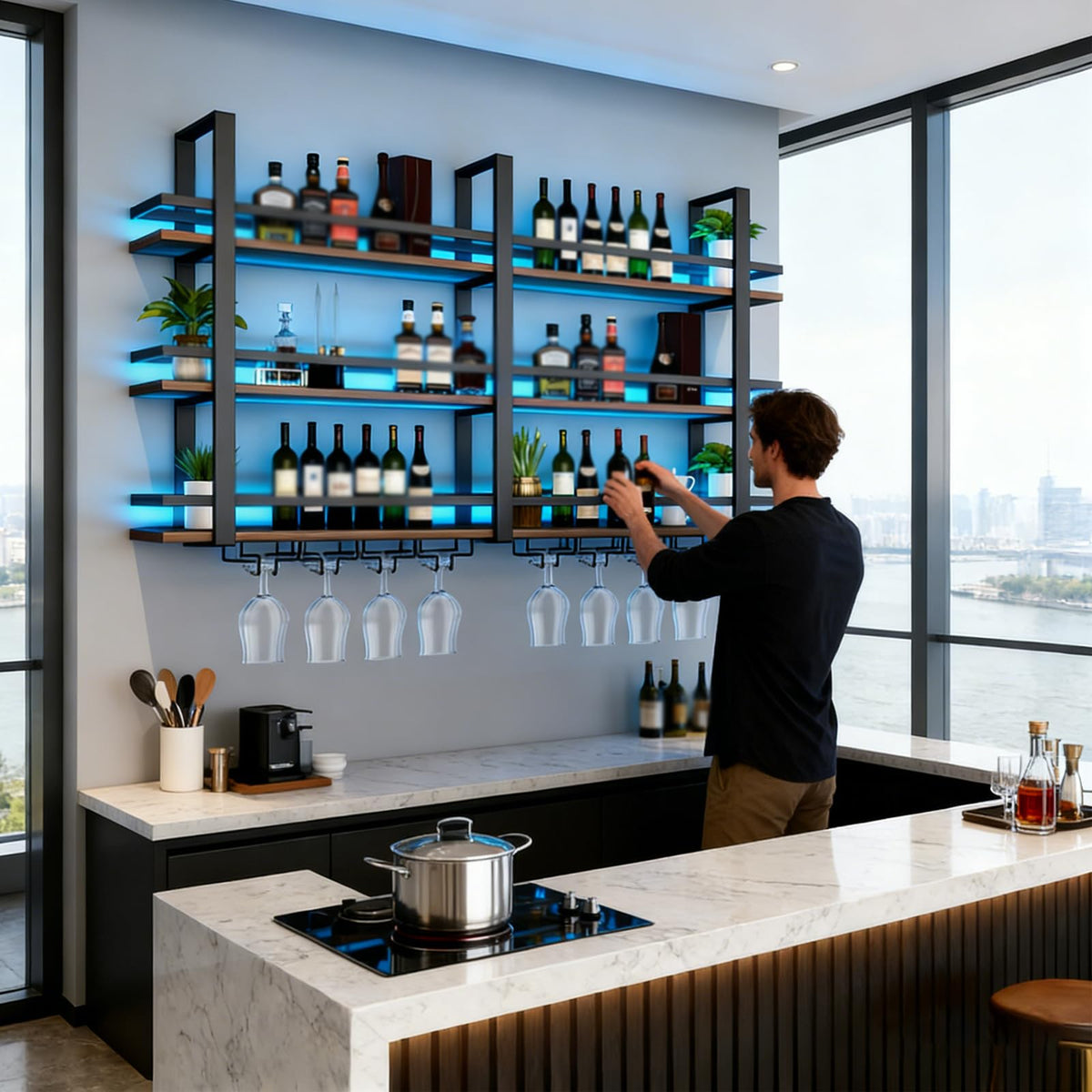 amhricho Wine Rack Wall Mounted with LED Lights, 3 Tier Metal Liquor Floating Display Shelves, with Wine Glass Rack, Iron & Wood Industrial Wall Wine Rack, for Bar, Kitchen, Cafe (Black, 39.4in)