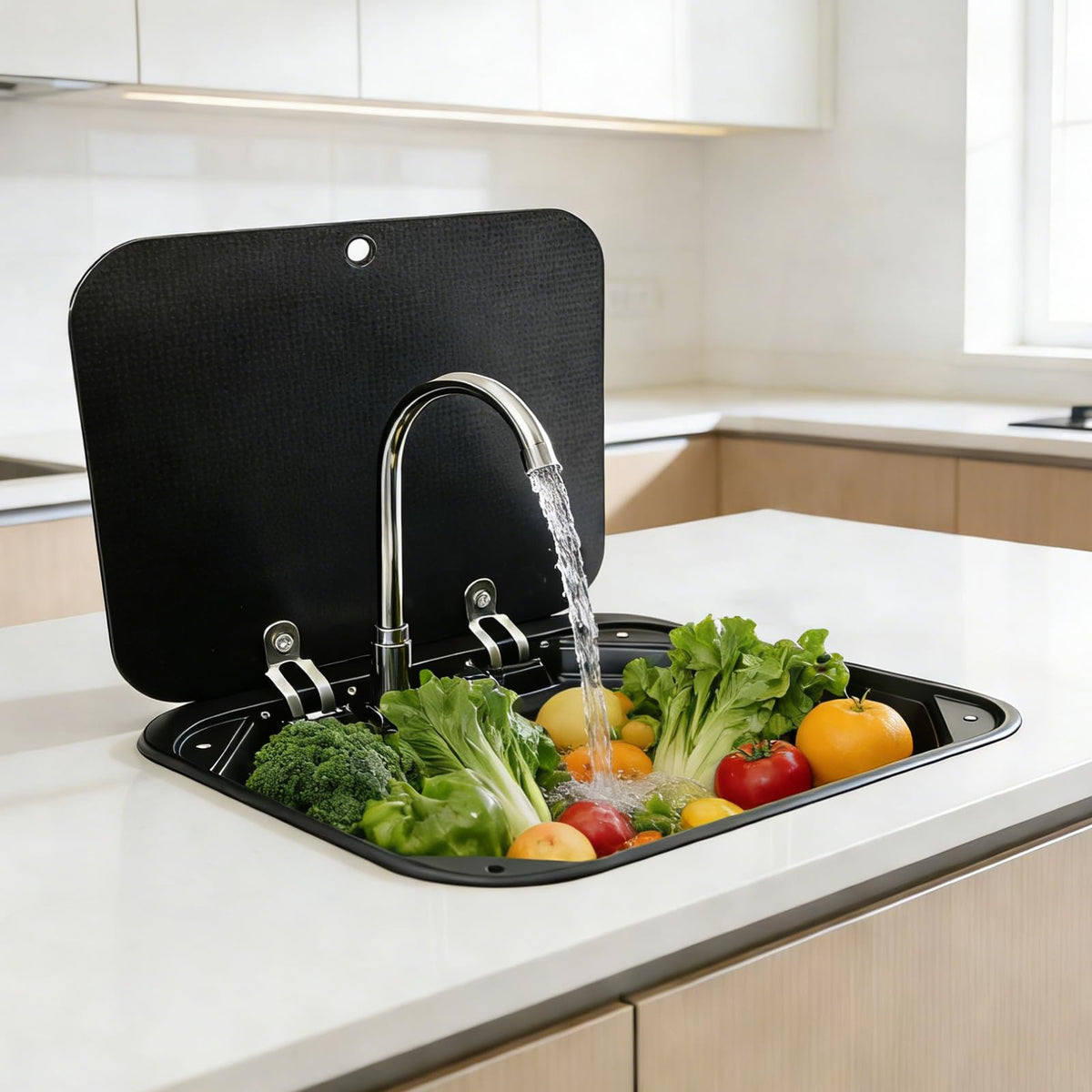 RV Camper Sink，Portable Small Bar 16.54×14.57×5.91 Inch Collapsible Wash Basin Black Kitchen Sink with Faucet Tempered Glass Lid Van Camper Trailer Accessories