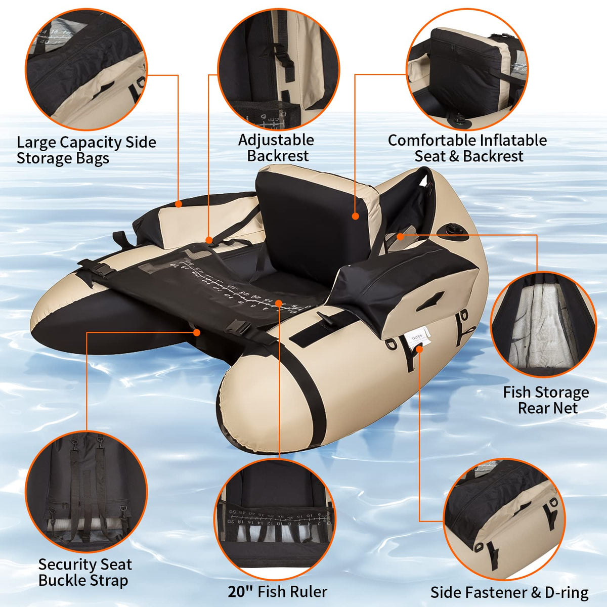 Xproutdoor Fishing Float Tube with Adjustable Backpack Straps, Storage Pockets, Fish Ruler, Fly Fishing Boat with Pump, Oar, Rod Holder and Mount, Fins, 350LBS Load Bearing Capacity, FT003,Khaki
