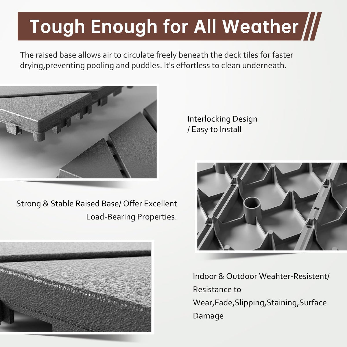 EchoDeck Interlocking Deck Tiles,44 Pack Patio Tiles Outdoor Interlocking All Weather,Patio Deck Tiles,12"x12",Diagonal,Sturdy Base,Highly Durable,Stylish,Non-Slip,Faster-Drying,Efficient,Dark Grey
