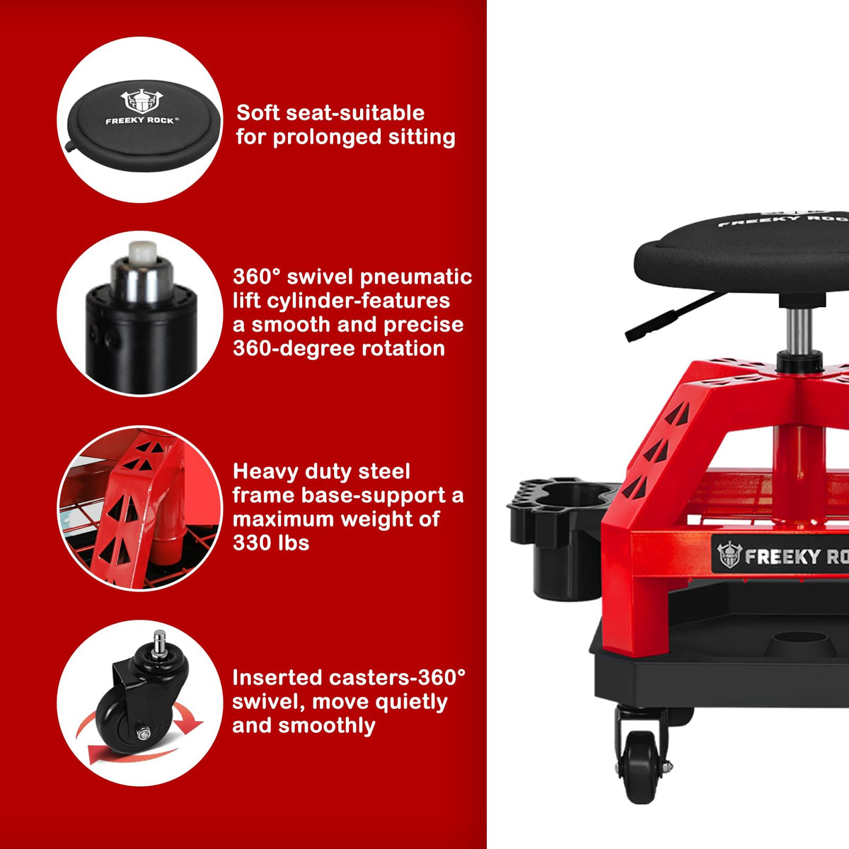 FREEKYROCK Rolling Shop Stool with Wheels, Heavy Duty Garage Work Mechanic Stool, Adjustable Height 22.44"-28.94", 360°Swivel Rolling Chair with Tool Tray Storage, 330 LBS Capacity, Red