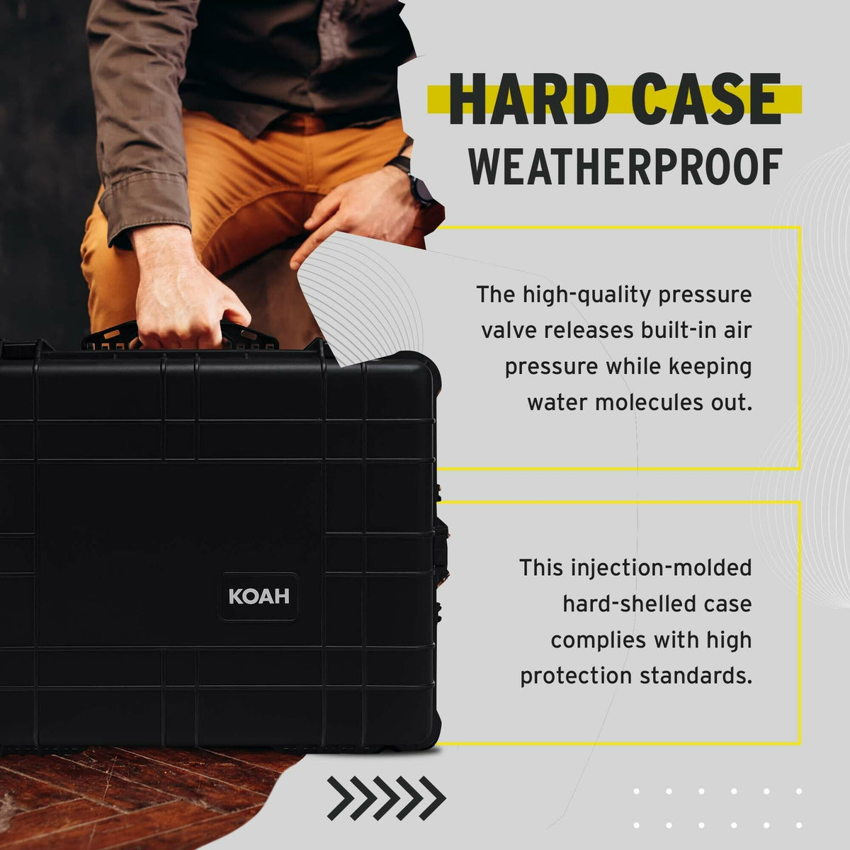 Koah Weatherproof Wheeled Plastic Hard Case with Customizable Foam, Retractable Handle, and Trolley Wheels (25.0" x 20.0" x 12") For Cameras, Drones, And Gear