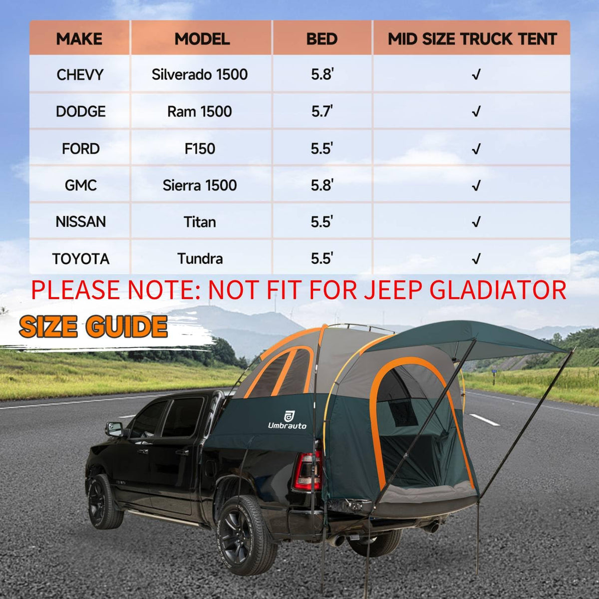 Umbrauto Truck Bed Tent with Awning: 5.5-5.8FT PU3000mm Waterproof Tailgate Pickup Truck Tents, Easy Set-up for 2 Person, Fits Full Size Short Bed, Chevy, Dodge, Ford, GMC, Green
