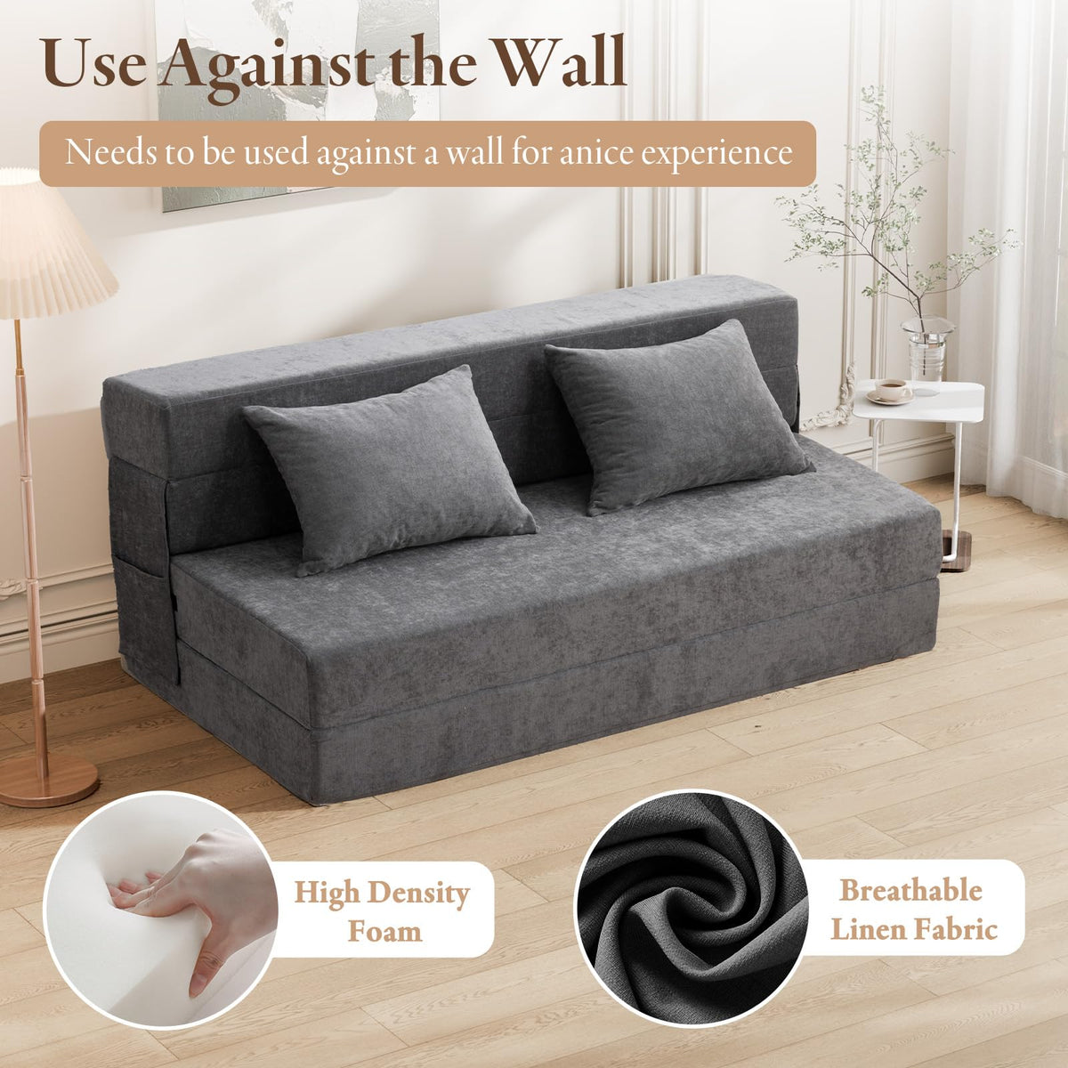 HOMFINE Folding Sofa Bed - Convertible Sleeper Chair with Pillow, Fold Out Couch, Memory Foam Floor Mattress, Futon Couch, Lazy Sofa for Living Room/Dorm/Guest Room/Home Office, Queen, Grey