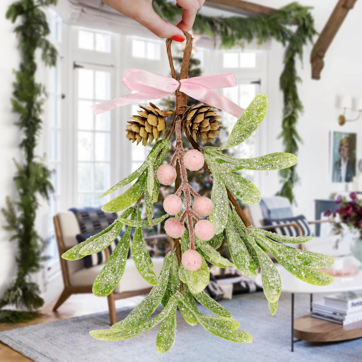 Christmas Mistletoe Decorations Frosted Artificial Mistletoe Ornaments with Bows Berries Pine Cones Snowy Fake Hanging Kissing Plant Stems for Xmas Tree Picks Doorway Holiday Decor (2, Pink)