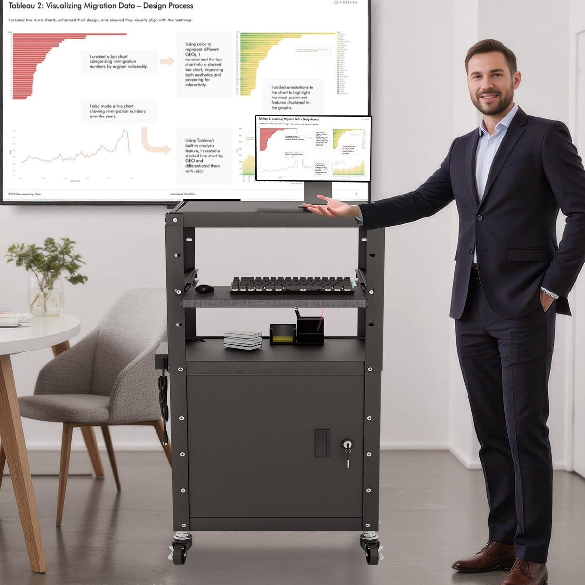 Mobile AV Cart with Cabinet, Rolling Computer Cart Height Adjustable Rolling Media Utility Cart with Extra Storage Space, 4 Outlets, Pullout Keyboard Tray Perfect for Home or Office Use