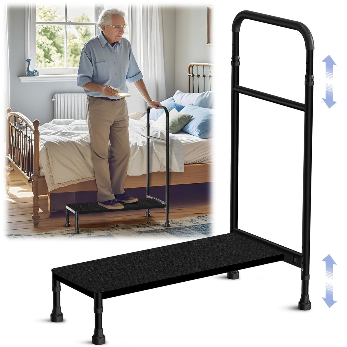 Zylorix 30.5'' Long Bedside Step Stool with Handle for Elderly Seniors Adults, Elderly Bed Step with Adjustable Height Handrails, Heavy Duty Bed Steps for High Beds, Bedside, Bathtub, Step, SUV