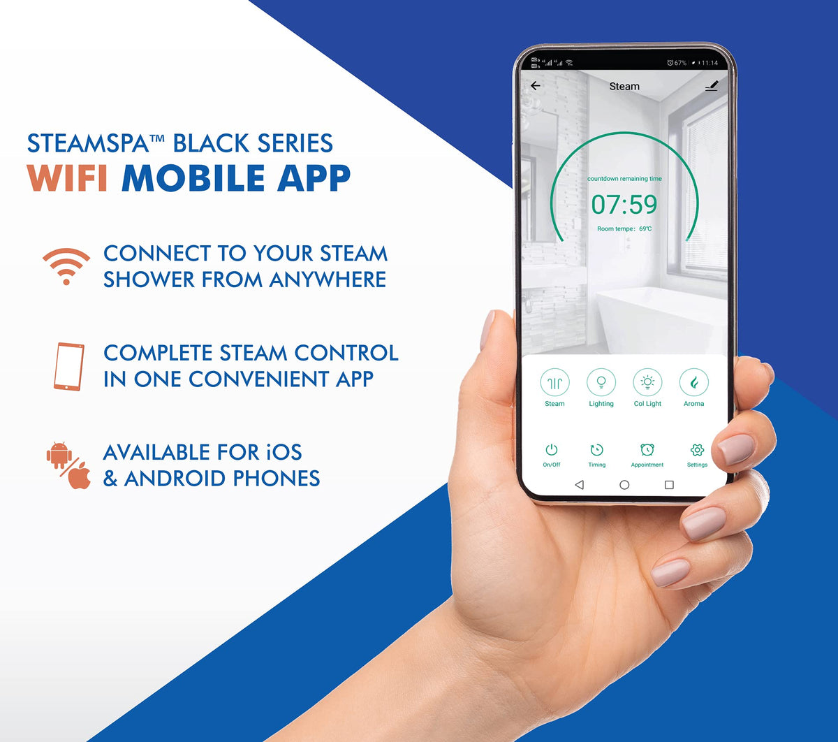 SteamSpa Generator with Quick Start Continuous Steam Technology, Wi-Fi, Bluetooth and Autodrain | 12kW Steam Generator with Chrome Steam Head with Aromatherapy Reservoir | SS-RVB1200CH-A