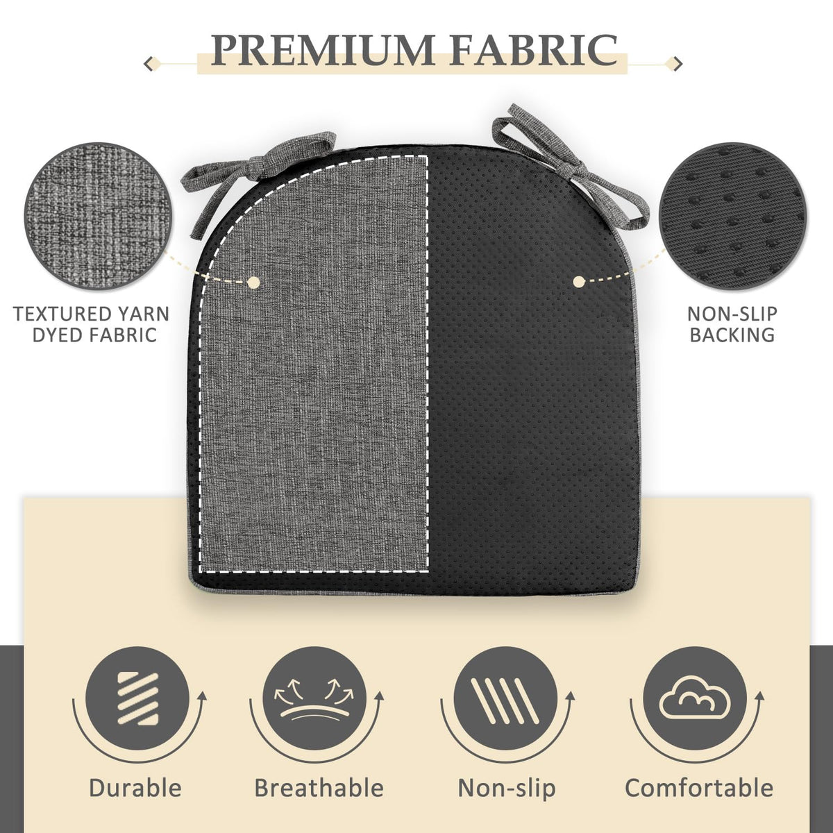 Wellsin Chair Cushions for Dining Chairs 6 Pack - Kitchen Chair Cushions with Ties and Non-Slip Backing - Dining Chair Pads 16"X16"X2", Dark Gray