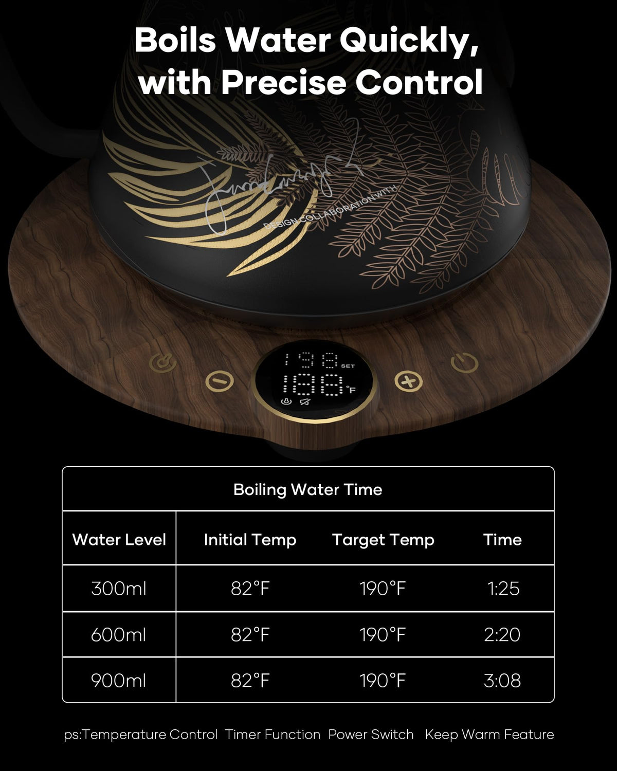 Cocinare Gooseneck Electric Kettle, ±1°F Precise Temperature Control, 1500W Fast Heating, Pour Over Coffee & Tea Kettle with Brew Timer & Keep Warm, Stainless Steel, 0.9L (Rainforest)