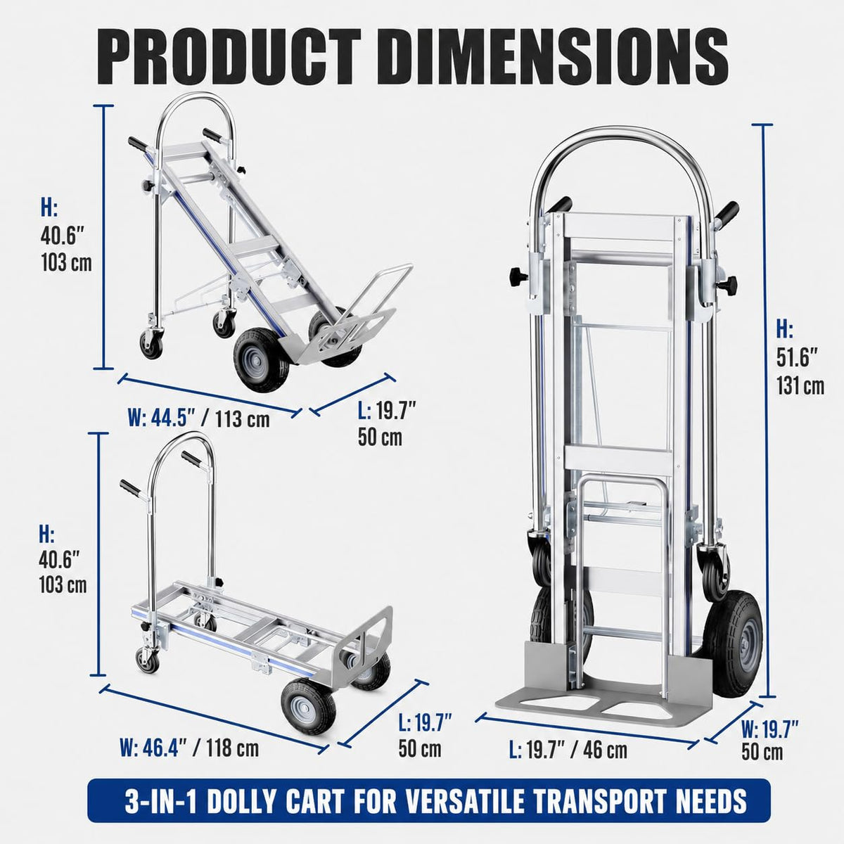 Hand Trucks Heavy Duty Aluminum Dolly Cart, 3 in 1 Design 1000 Lbs Capacity with Solid Wheels - Foldable, Portable, Ergonomic Handle, Perfect for Construction, Warehouses, Factories, Indoor & Outdoor