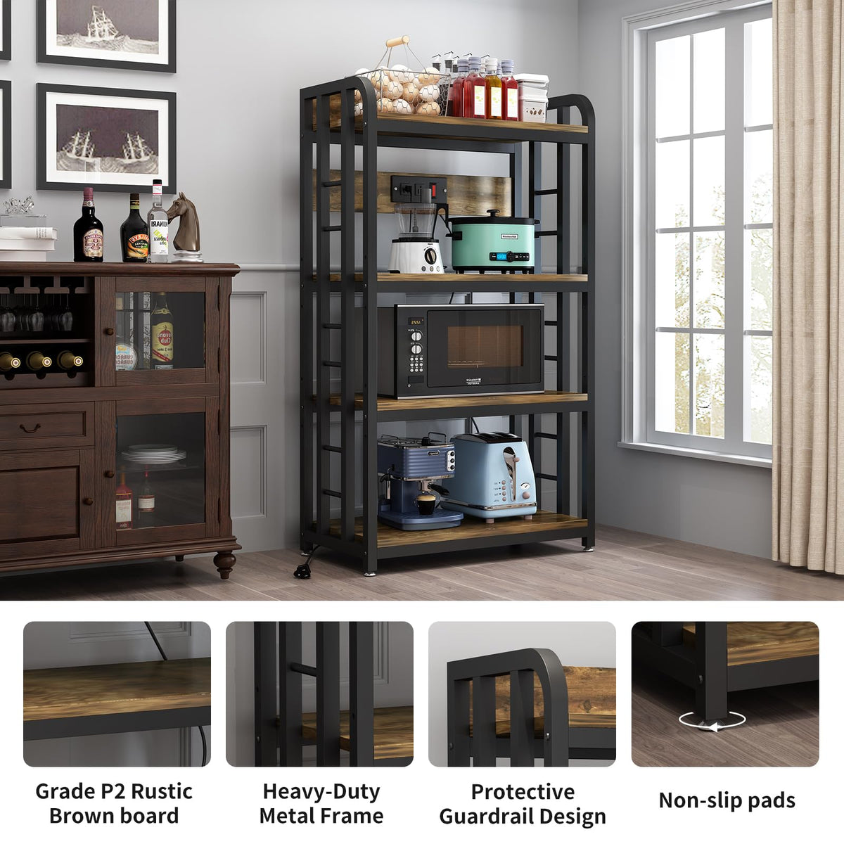 SIREDEEP Bakers Rack with Power Outlet ，4-Tier Kitchen Baker's Rack,Microwave Stand with Storage Suitable for Kitchen, Living Room, Dinning Room，Coffee Bar(Rustic Brown)