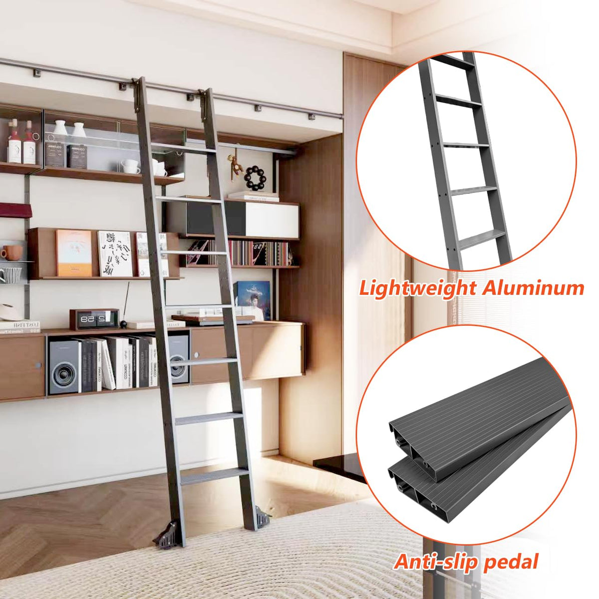 87" Sliding Library Ladder, Black +12FT Rolling Track Kit