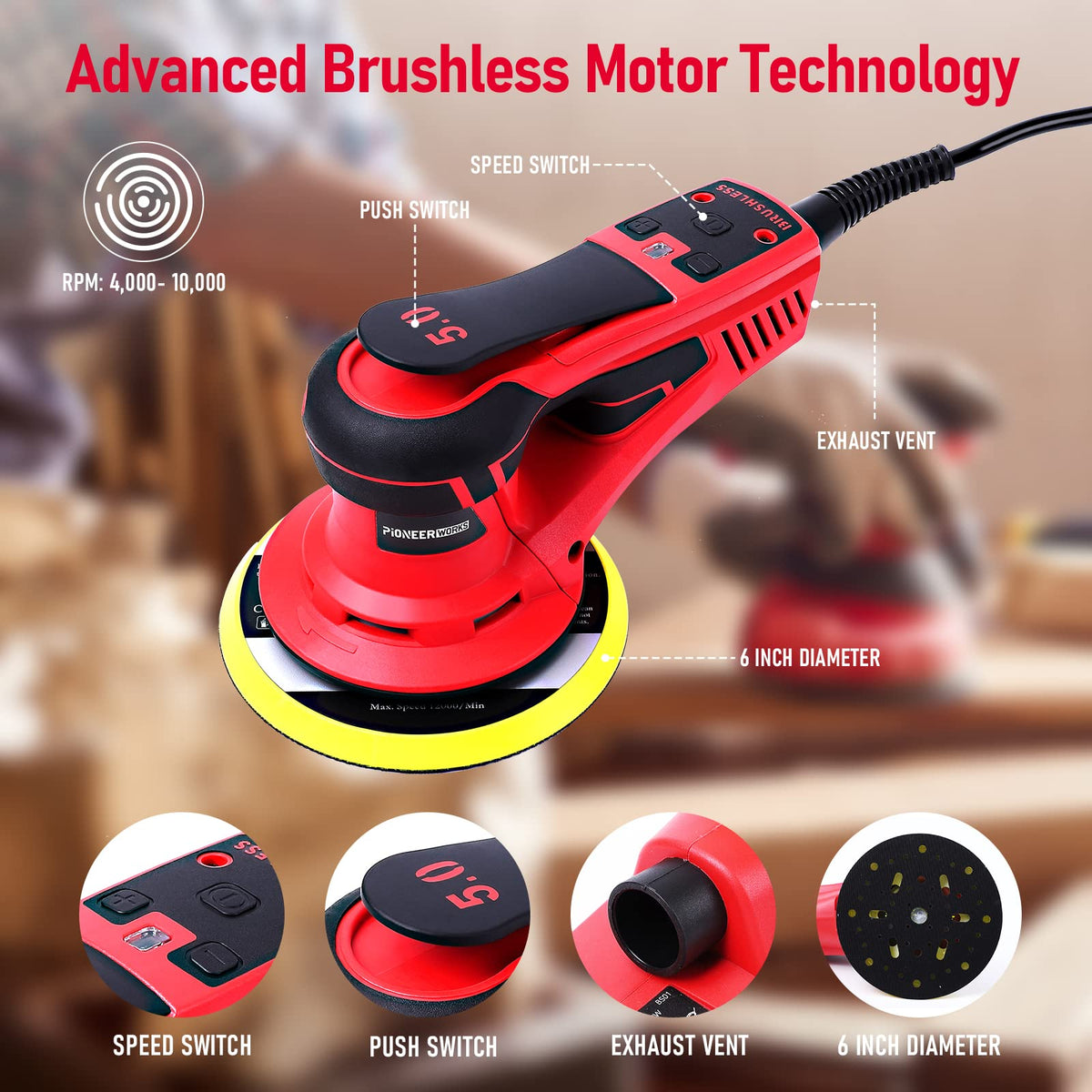 Electric Random Orbital Sander, PioneerWorks Brushless Motor, Powerful 350W & Low Vibration Palm Sander,10000 RPM Variable Speed,6-Inch Pads For Woodworking, Polishing, Sanding, Carpentry