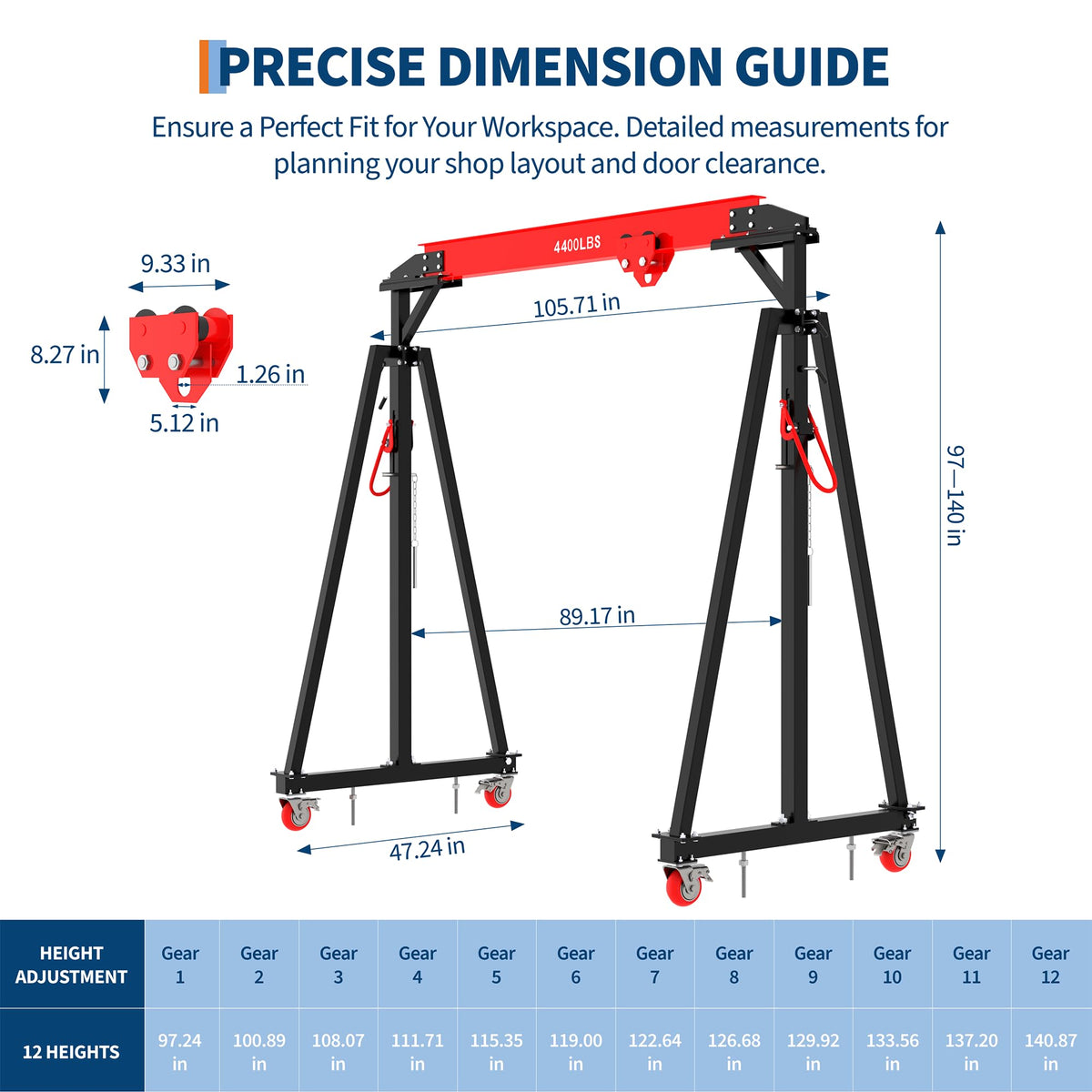 Adjustable Gantry Crane 2 Ton (4400 LBS) with Manual Trolley, Hook and Sling Strap, 12 Locking Positions (97" to 141") with Triangle Base, Portable I-Beam Hoist for Factory, Warehouse, Auto Repair