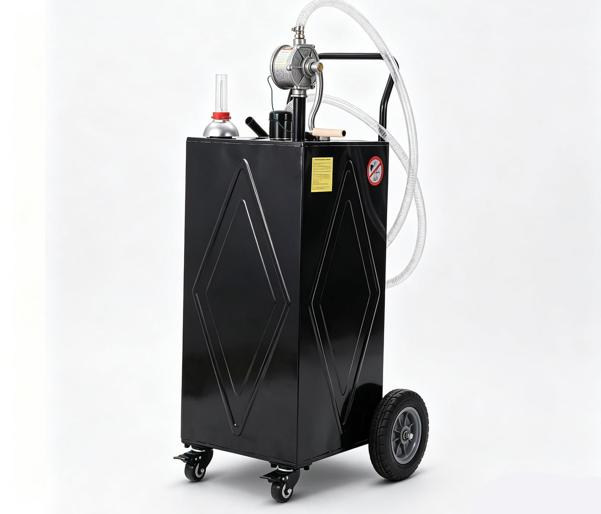 Garvee 30 Gallon Fuel Caddy with Manual Transfer Pump, Portable Gas Storage Tank on 4 Wheels, Gasoline & Diesel Fuel Storage Tank for Cars, Lawn Mowers, ATVs, Boats, More, Black