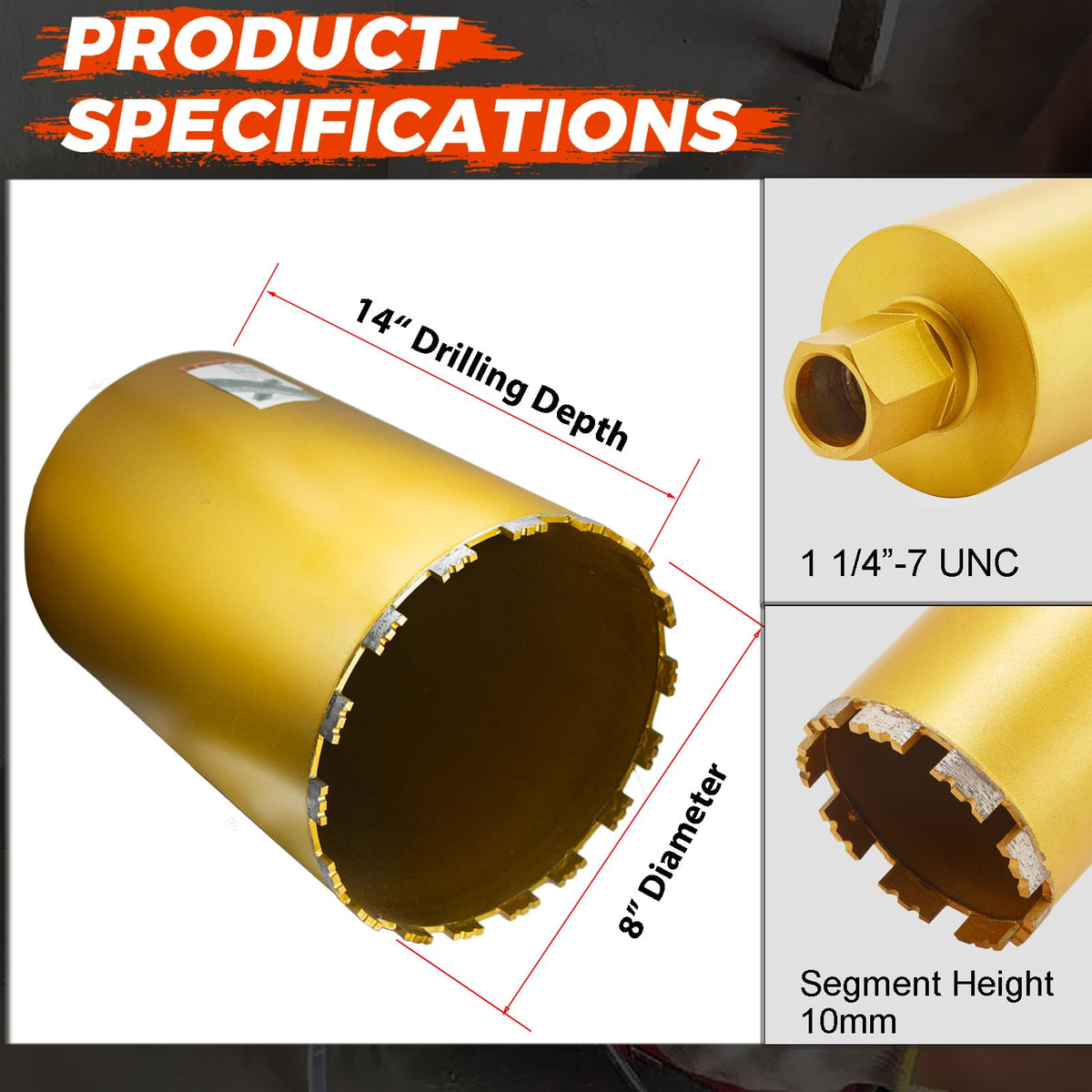 DaduoRi 8 Inch Wet Core Drill Bit & SDS Max Shank Drill Adapter - 8" Diameter Core Bits for Concrete, 14" Drilling Depth, 1-1/4"-7 Thread Diamond Core Bit for Cured Concrete, Masonry, Brick