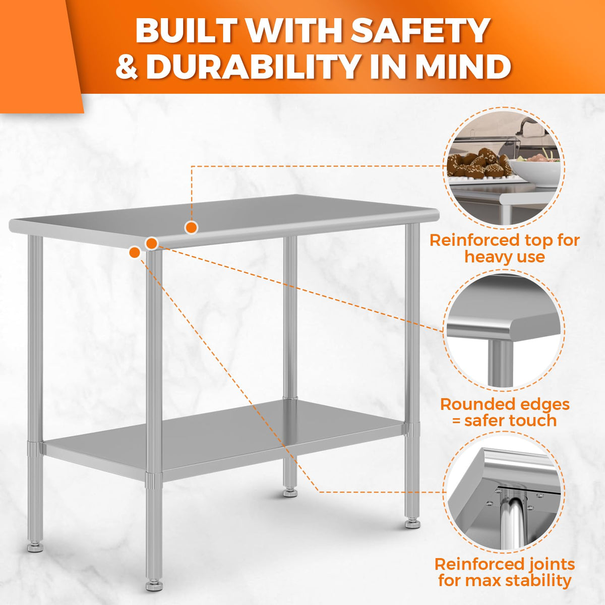 HOCCOT All Stainless Steel Work Table, Heavy Duty Prep Table 24x48 Inch with Stainless Steel Undershelf & Replaceable Feet(Without Casters) Commercial Workstation for Restaurant Kitchen Garage Outdoor