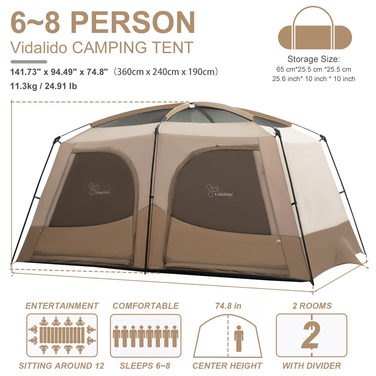 Vidalido Tents，6-8 Person Camping Tent with Extended Vestibule，2 Room Weather Resistant Family Tents，Easy Install Waterproof Outdoor Tent for Backpacking and Camping Hiking