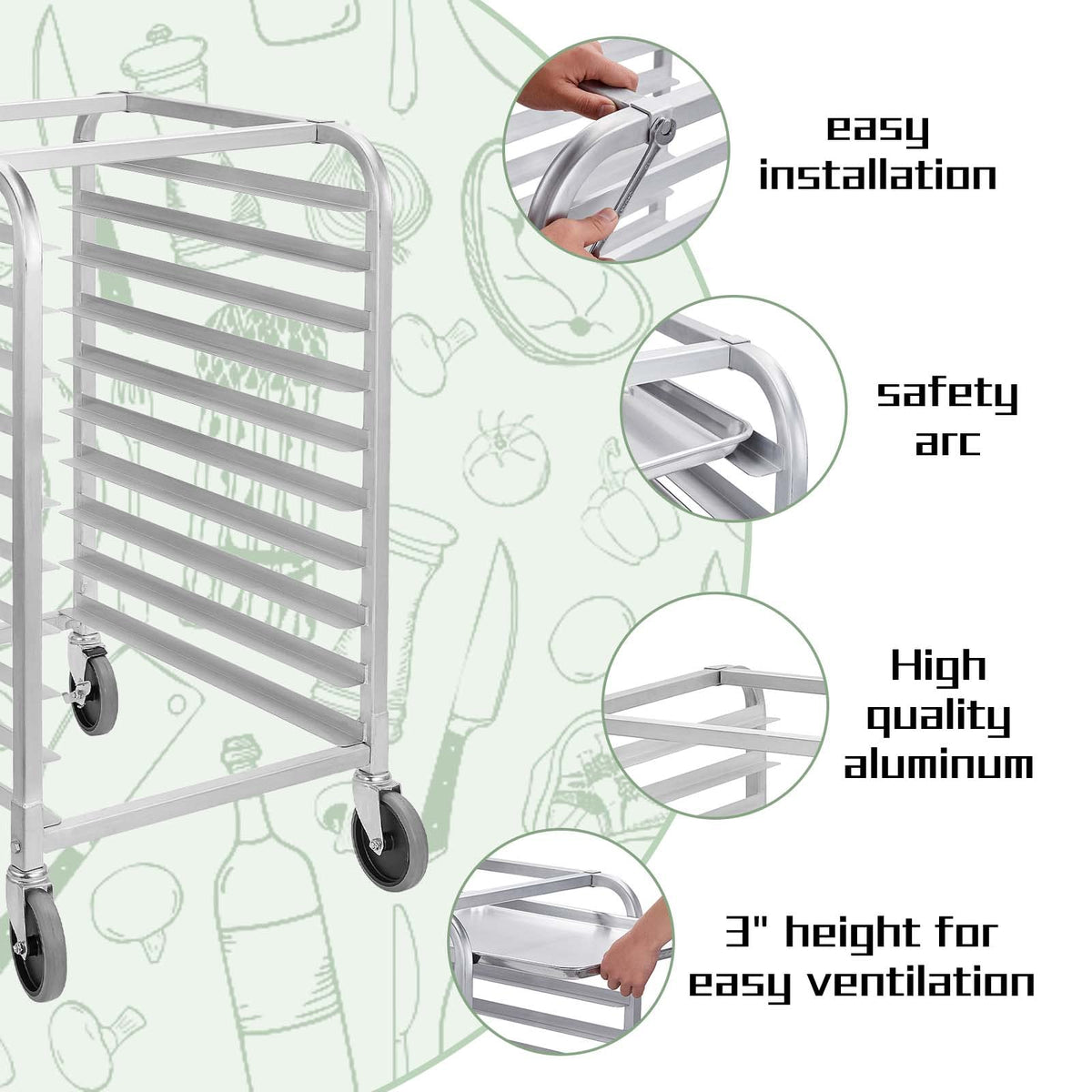 HALLY SINKS & TABLES H Bun Pan Rack 10 Tier with Wheels, Commercial Bakery Racking of Aluminum for Full & Half Sheet - Kitchen, Restaurant, Cafeteria, Pizzeria, Hotel and Home, 26" L x 20" W x 38" H