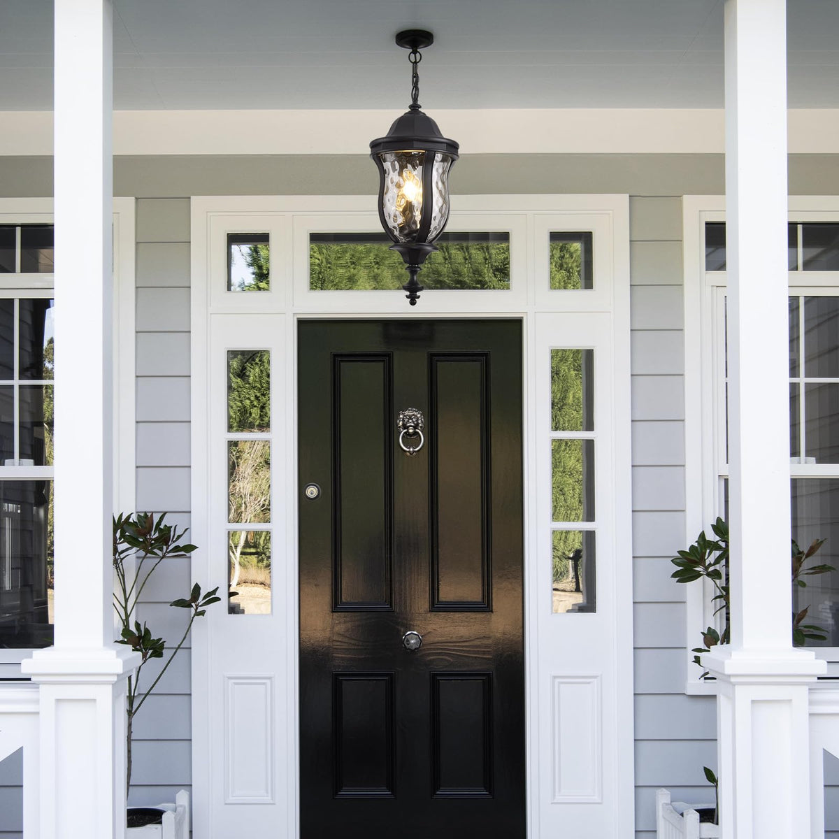 Smeike Large Outdoor Pendant Light Fixtures, 23.6'' Exterior Hanging Lantern Porch Light Adjustable, Black Hanging Lamp Farmhouse Exterior Chandelier Ceiling Mount for Entrance Patio