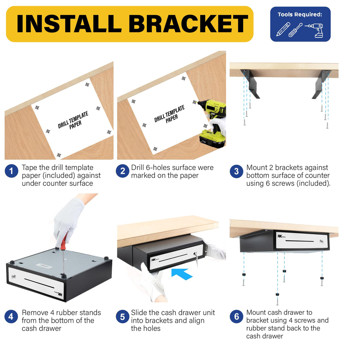 HK SYSTEMS 16" "Stainless Steel" Front Heavy Duty Black POS Cash Drawer with 5Bill/5Coin with Under Counter Mounting Metal Bracket