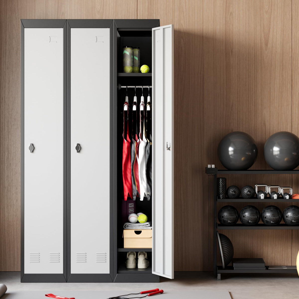 Narrow Metal Locker, 72 Inch Metals Broom Storage Cabinet with Shelves, Lockable Cabinets Doors & Keys Tall Brooms Suitable for School, Office, Home, Staff and Students Storage(Black & Grey)