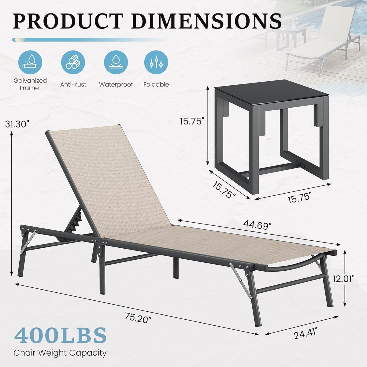 UDPATIO 3pcs Patio Lounge Chair Sets with Side Table Foldable Outdoor Chaise Lounge No Assembly
