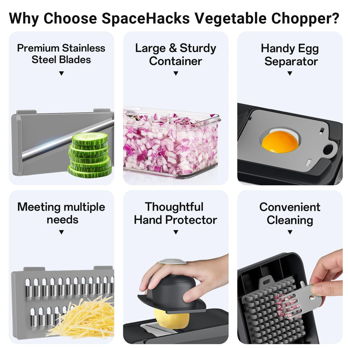SpaceHacks 12-in-1 Vegetable Chopper, Kitchen Gadgets with 7 Blades, Veggie, Food, Onion Chopper, Cucumber Slicer, Versatile Mandoline, Includes Egg Separator & Finger Guard, Gray