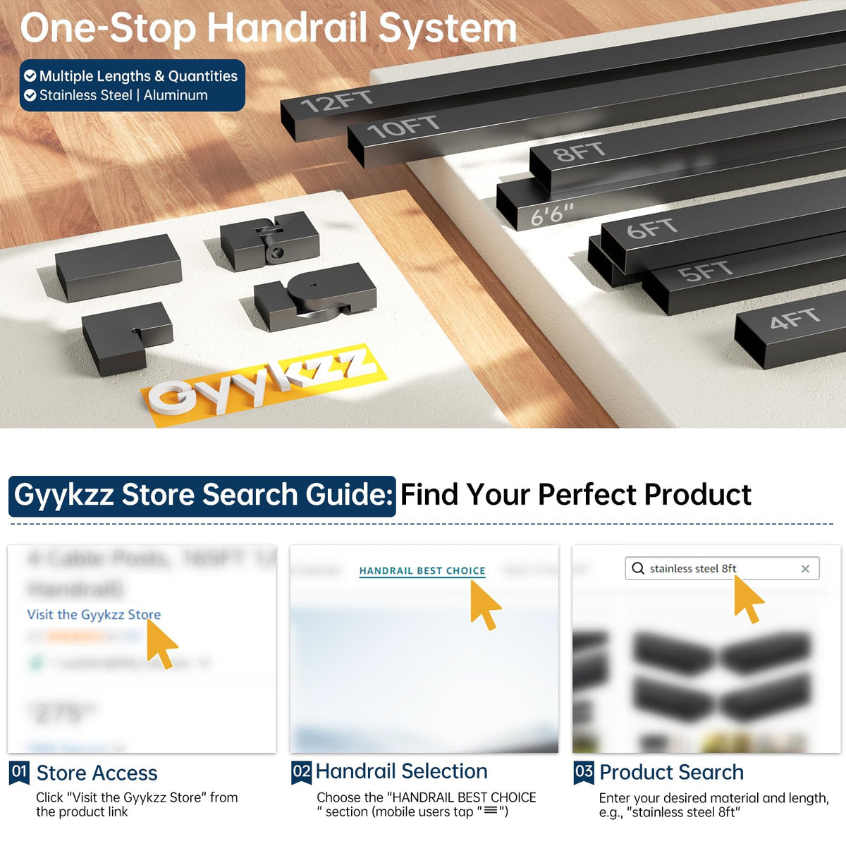 Gyykzz 4 Pack 10FT Black Rectangular Stainless Steel T304 Handrail for Cable Railing System, Flat Top Cable Railing Handrail with Extra End Caps for Indoor Outdoor Length Adjustable DIY Balustrade