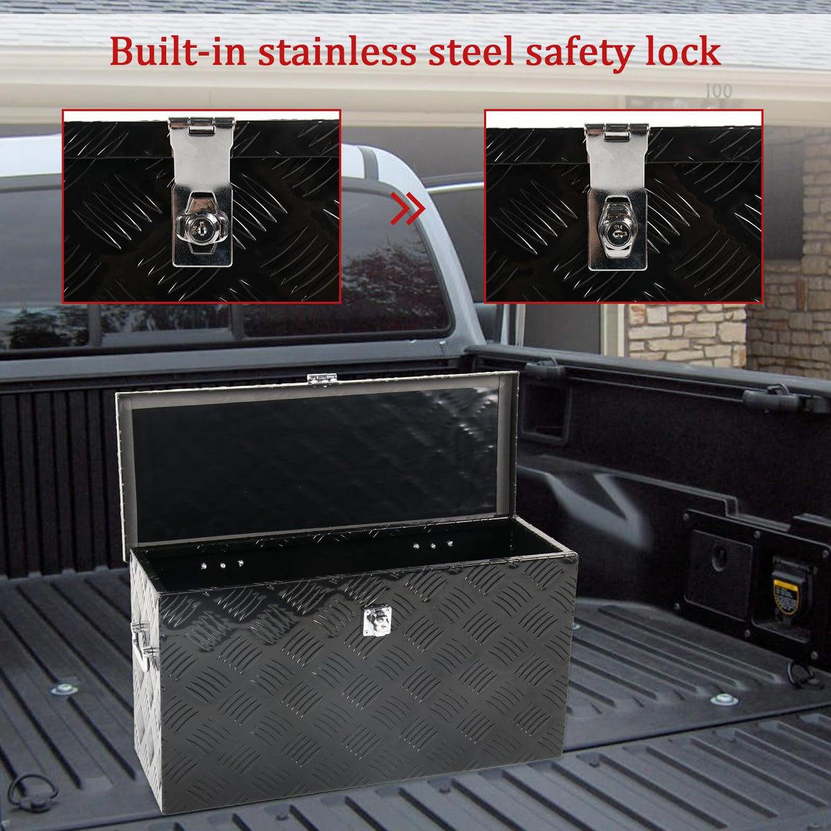 BIGREAT 24'' Inch Stripes Plated ATV UTV Aluminum Tool Box Truck Bed Toolbox Waterproof Square Storage Organizer with Lock and Keys Black(‎24" L x 9.5" W x 12.5" H)